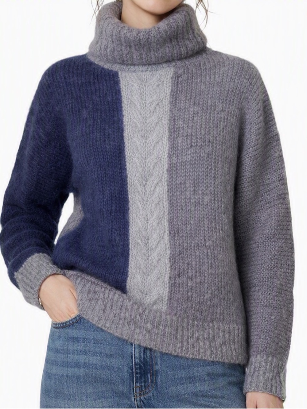 Hand Knit Style Sweater Cable Knit Pullover Turtle Neck Dolman Blues & Grey M